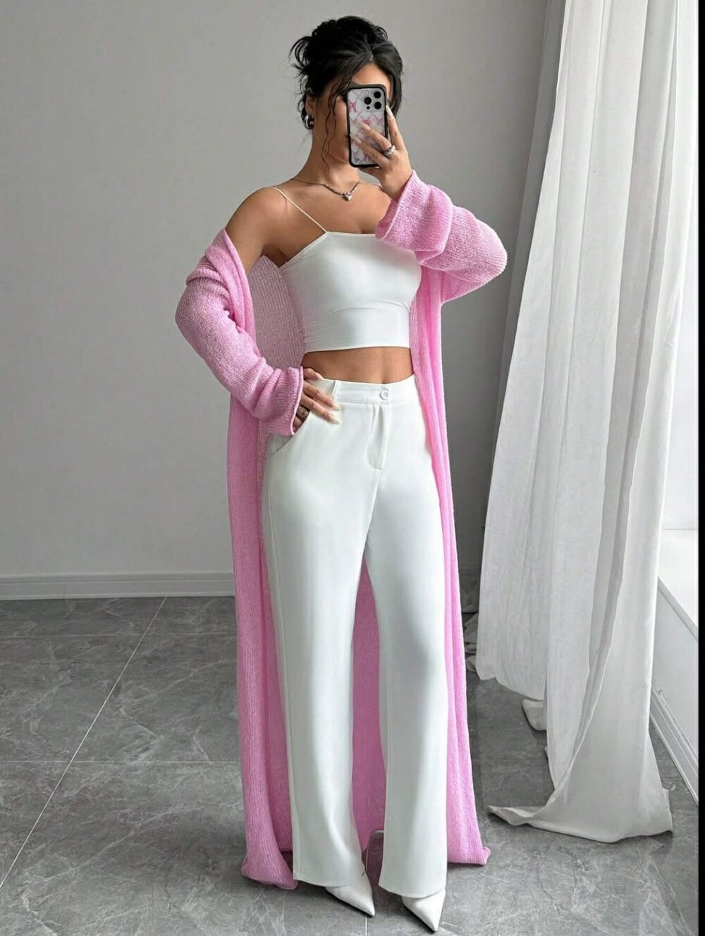 Longline Open-Front Pink Knit Cardigan for Women